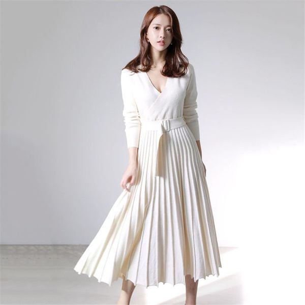 

autumn winter fashion long sleeve sweater dress 2019 new women's v-neck sashes pleated knitted dress elegant vestidos slim f1551, Black;gray