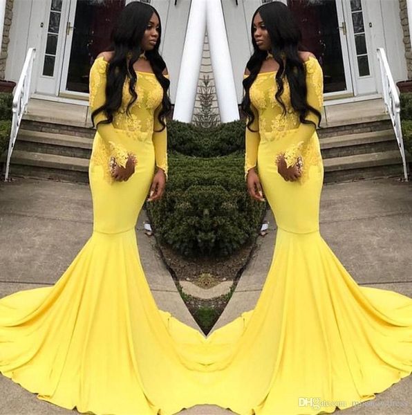 

желтый бато шеи атласная русалка платья выпускного вечера длинные sheer длинные рукава атласная кружева аппликация длина пола формальные веч, Black