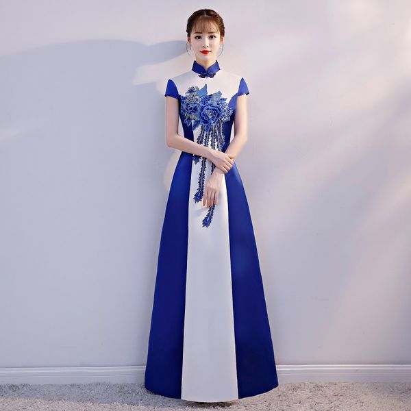 

standing collar blue and white porcelain improved cheongsam embroidery chinese evening dress vestidos size s-xxl, Red