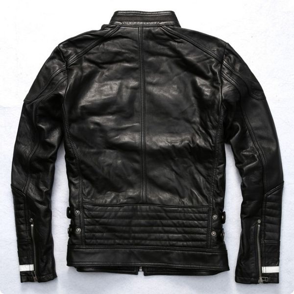 

new arrival fashion sheepskin genuine leather motorcycle mens jacket stand collar zipper coat for male chaqueta de cuero hombre, Black