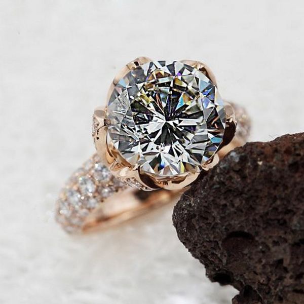 Reale 100% s925 argento sterling oro rosa anello di nozze fiore di loto anello per le donne rotondo 2ct diamante simulato gioielli in platino