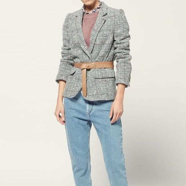 

grey blue checked wool blazer lapel collar one button chest pocket flap pockets long sleeves woman blazer suit, White;black