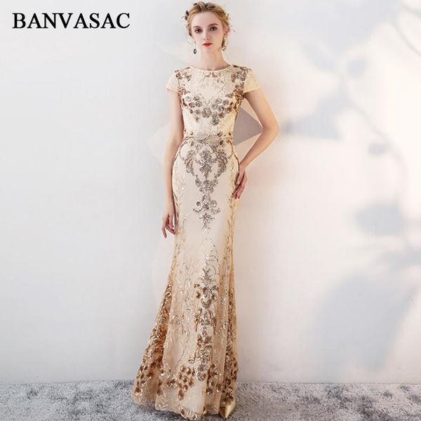 

banvasac short cap sleeve 2018 sequined appliques mermaid long evening dresses party lace o neck metal leaf sash prom gowns, White;black
