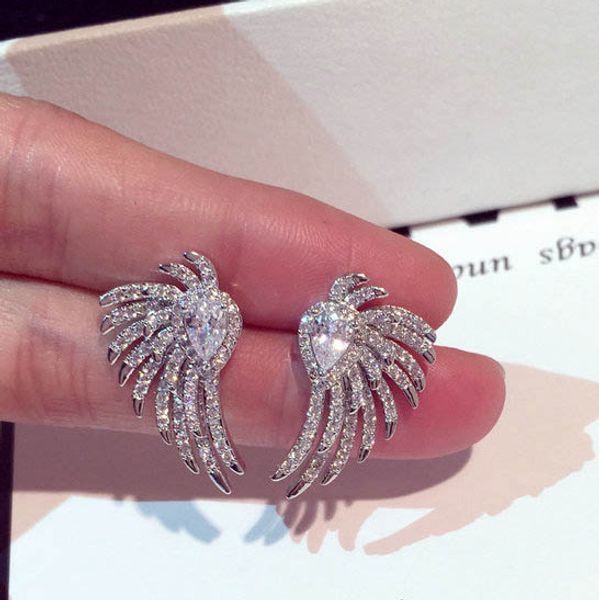 

Super Glittering new hot ins fashion luxury designer full diamonds zircon lovely cute angel wings stud earrings for woman girls