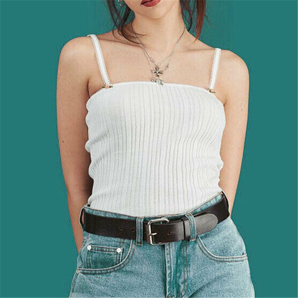 

new women ladies sling flower stitching knitted rib vest plain colors camisole stretch stroppy tanks camis size s  l, White