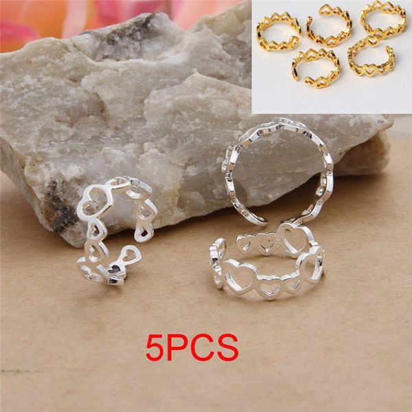 

5pcs heart shape foot ring 925 sterling silver /gold beach trendy love toe rings adjustable jewelry gifts, Slivery;golden