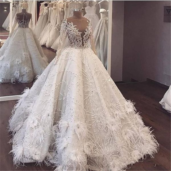 

luxury feathers major beading wedding dresses sheer neck long sleeves beaded saudi arabic dubai vestido de noiva bridal dress, White