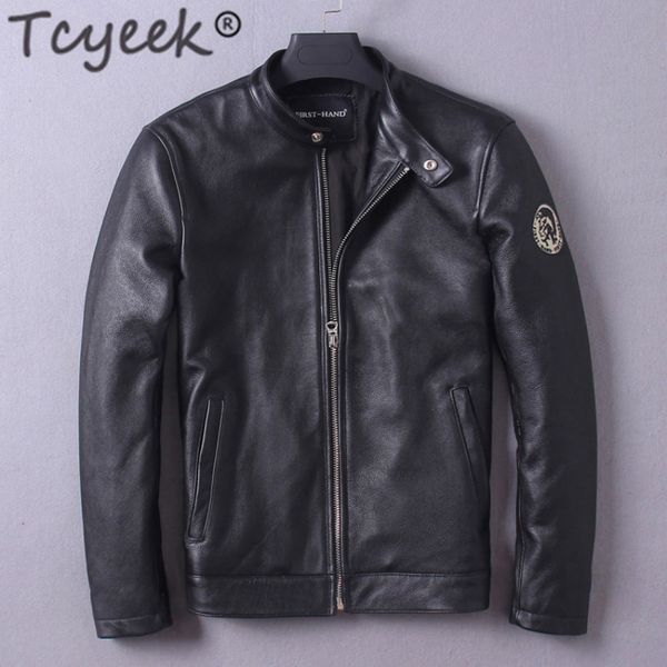

tcyeek genuine leather jacket men clothes 2019 korean streetwear real cow leather coat slim fit motorcycle jaqueta de couro 1218, Black