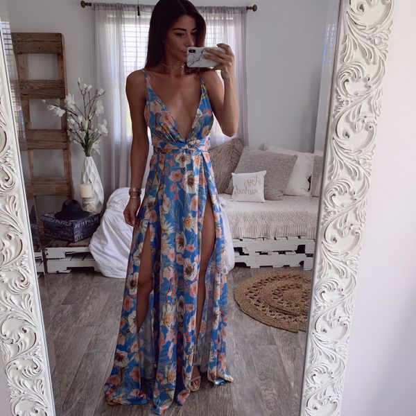 

women summer boho dress strappy deep v-neck maxi party dress summer beach dresses 2019 vestidos de festa long dresses new, Black;gray