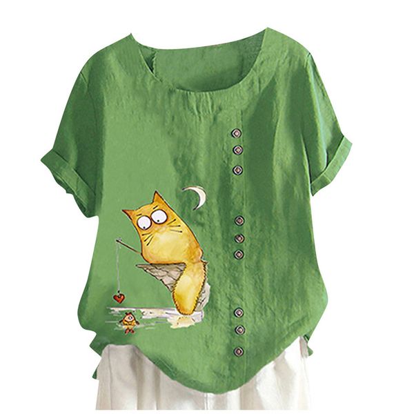 

drop ship woman plus size short sleeve loose buttons tshirt cute fishing cat cartoon print round neck cotton linen shirt, White