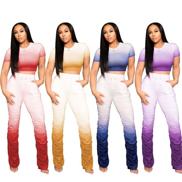

12cm763 summer women casual two piece set and digital print o-neck ruched pockets bell-bottoms, Gray