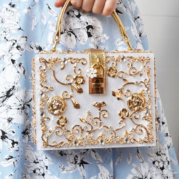 

fashion box evening bag diamond flower clutch bag hollow relief acrylic luxury handbag banquet party purse women's shoulder bag mx20032