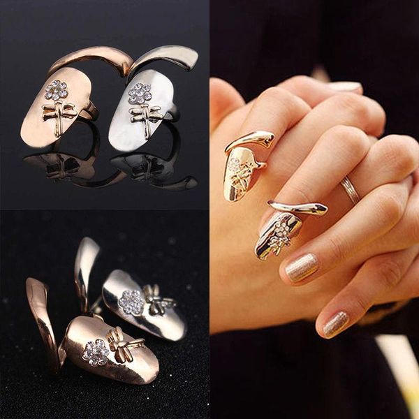 

delicate 18k gold silver plated ring for women finger nail rings with crystal dragonfly fashion punk rings for teen girls fine jewelry, Golden;silver