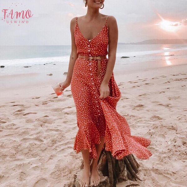 

элегантный горошек boho женщины midi летнее платье sexy v шеи ремень кнопка линия платье повседневный печати пляж vestidos, Black;gray