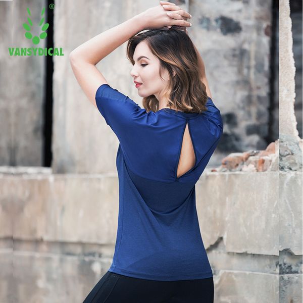 

vansydical 2018 women short sleeve running shirts hellow back yoga tees quick dry fitness workout sports t-shirts, Black;blue