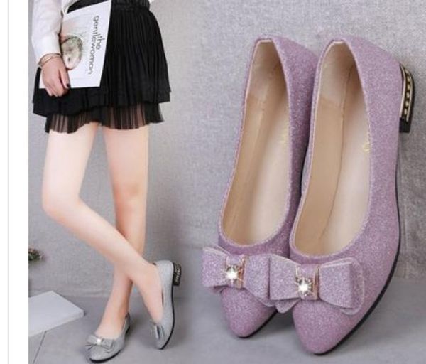 

2019 women's shoes in spring and autumn with new style low heel pointed end bowknot sequined cloth@2384, Black