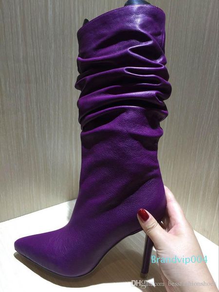 

slip on green purple blue leather women knee boots thin high heel stage show boots runway chic pointed toe wrinkle ruffled boots lady, Black