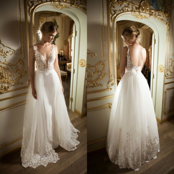 

2019 julie vino beach wedding dresses overskirts lace appliqued backless boho wedding dress sweep train custom made a line bridal gowns, White