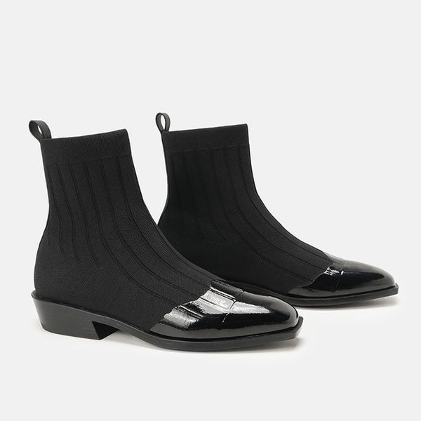 

boots female autumn and winter new square head knit stitching socks boots low-heeled stitching ladies fashion, Black