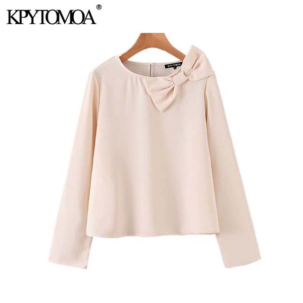 

vintage elegant bow tie solid blouses women 2019 fashion o neck long sleeve female shirts blusas mujer chic, White