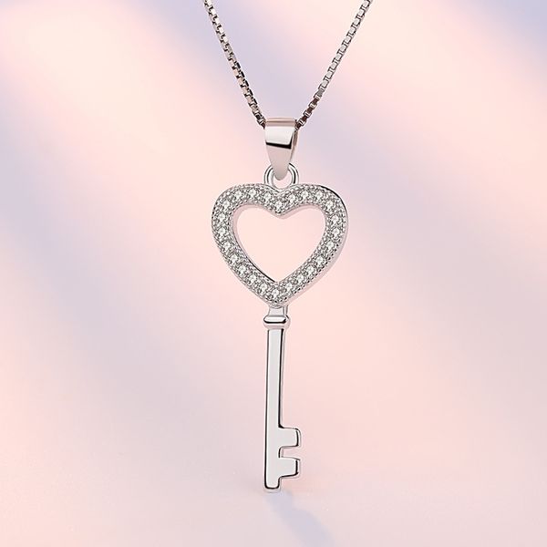 

fashion 925 sterling silver love heart key pendant necklace for women cubic zircon jewelry gifts accessories s-n74
