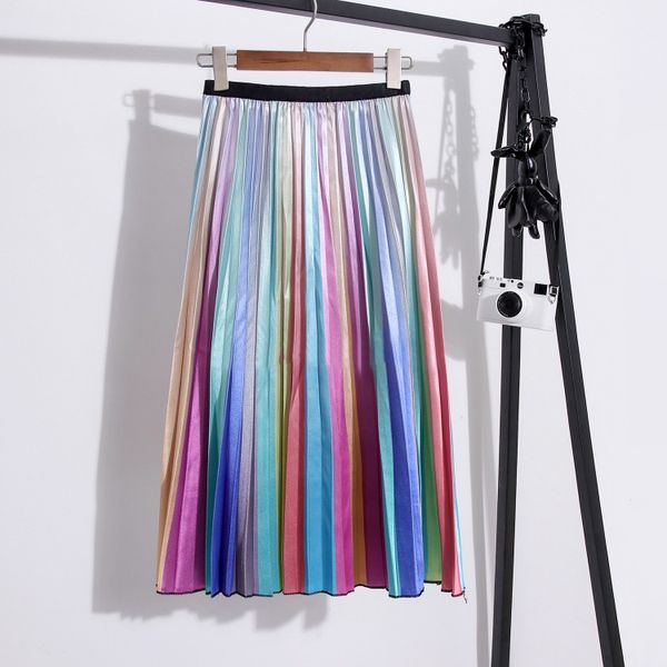 

2019 new skirts women rainbow color midi skirts elastic high waist elegant a-line pleated faldas saias midi streetwear, Black