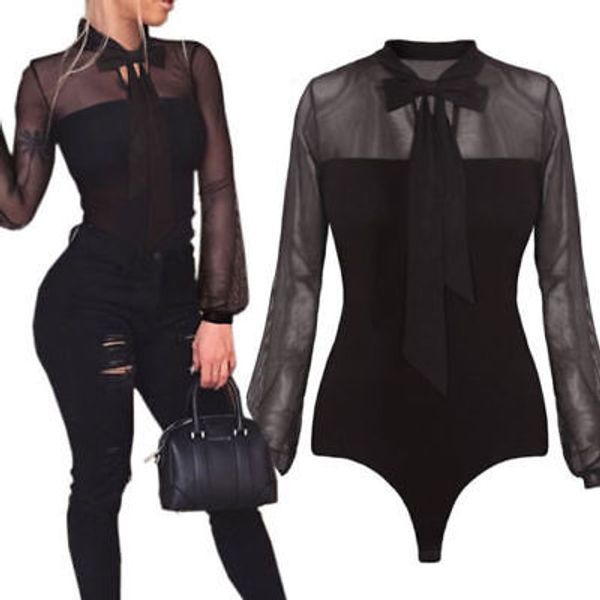 

womens long sleeves tulle bodysuit leotard lingerie sleepwear transparent jumpsuit, Red;black