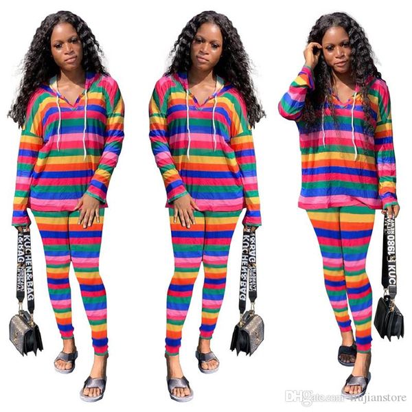 

autumn womens striped printed tracksuits casual female sports 2pcs set fashion designer female rainbow hooded clothing, Gray