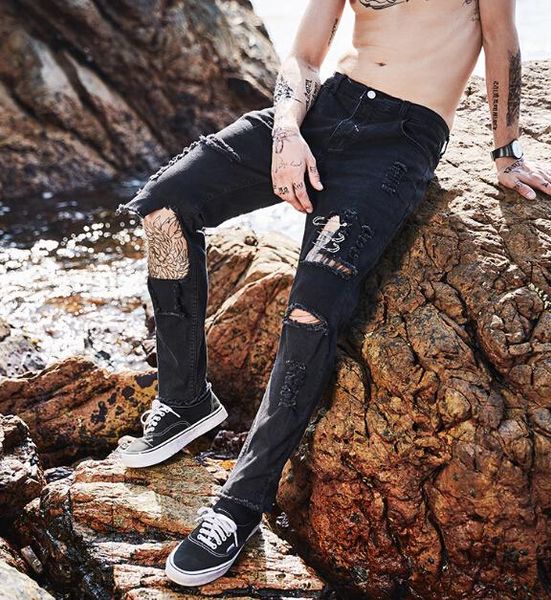 

черный рваные джинсы мужчины новые длинные брюки карандаш straight тощий zipper середина талии брюки мужские hip hop одежда, Blue