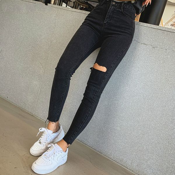

elastic tassel ripped holes denim pants female trousers 2019 high waist stretch pencil jeans women skinny pants black jeans, Blue