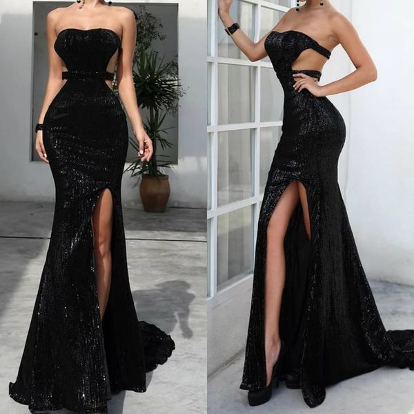 

black mermaid evening dresses prom gowns strapless side split cutaway sides backless party dress club wear, Black;red