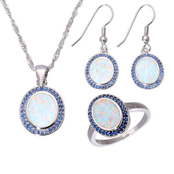 

fashion white opals pendant necklace blue crystal round dangle earrings statement bridal wedding ring jewelry sets for women, Silver