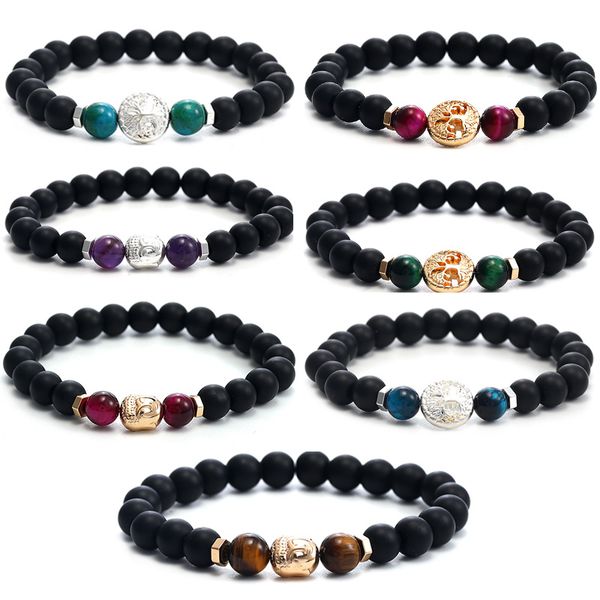 

designer fashion 8mm tiger eye natural stone beaded bracelets buddha head tree of life charms chakra balance bracelet stretch jewelry gift, Black