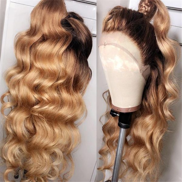 

ali13x6 lace front human hair wigs 150% density ombre 1b 27 body wave remy human hair wig pre plucked with baby, Black;brown