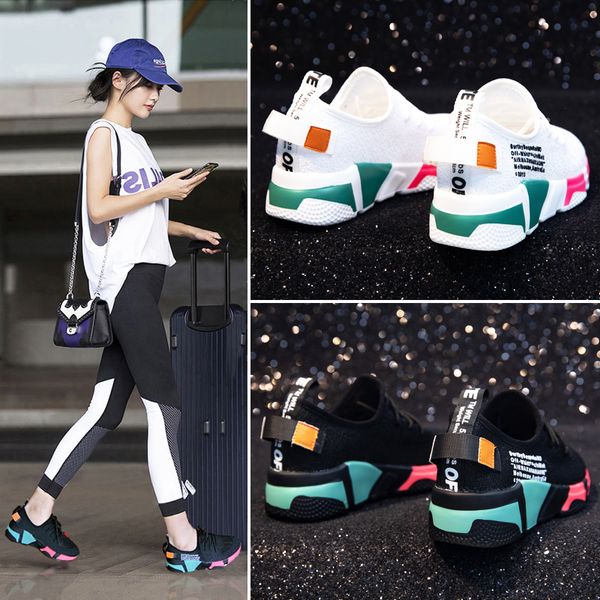 

girl sneakers breathable summer sneakers casual white/black shoes female colors shoes heel 5cm zapatillas mujer, Black;white