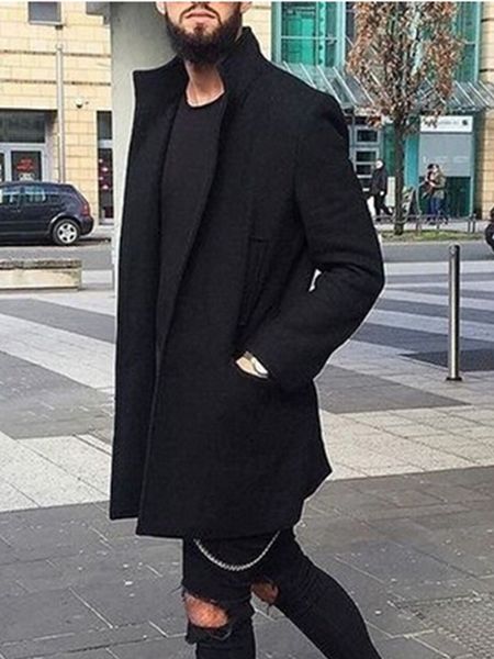 

men trench coat cotton blend autumn winter solid windproof plus size, Tan;black