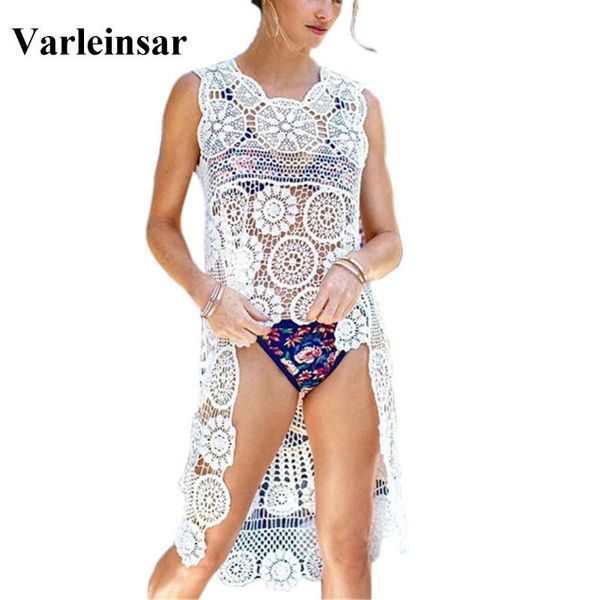 

floral embroidery 2020 tunic beach dress cover-ups summer women beachwear crochet swimsuit cover up beach long dress v2056