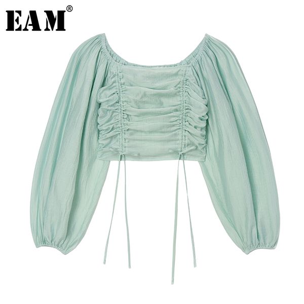 

eam] women blue drawstring pleated blouse new slash neck long sleeve loose fit shirt fashion tide spring summer 2020 1u407, White
