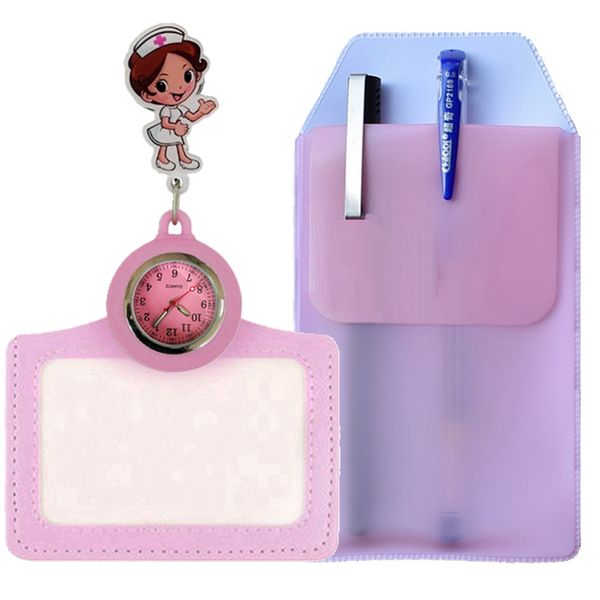 

new 2 in 1 cartoon retractable badge reel pocket watches pen bags ladies women mens name cards hang quartz watches, Slivery;golden