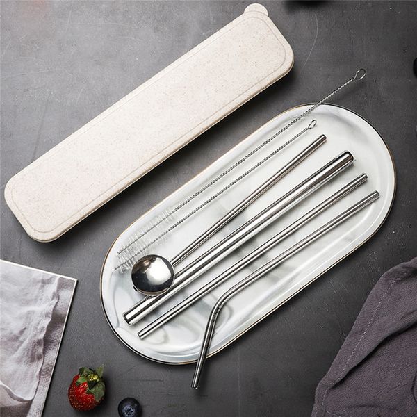 

4pcs reusable stainless steel metal straw set with cleaning brush for bar drink party supplies inox straw bag 50july05