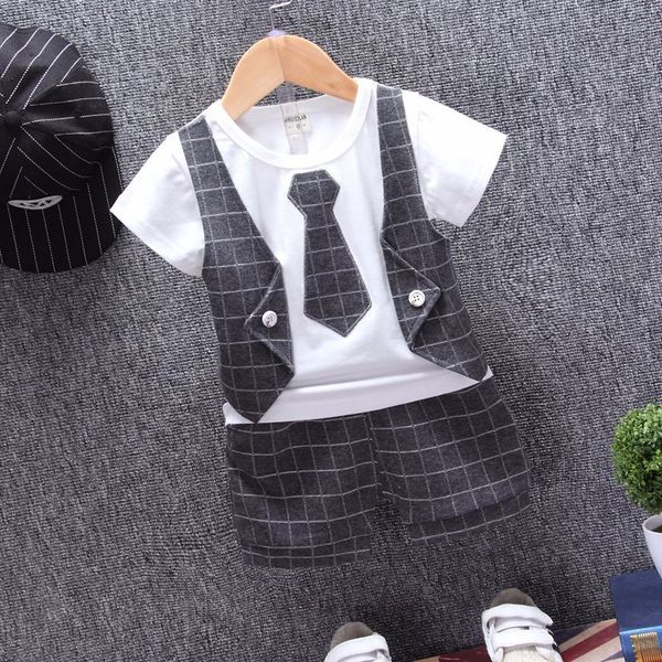 

children tracksuits baby boys girls short t-shirt shorts 2pcs/sets summer kids gentleman tie plaid bowknot pure cotton clothes, White