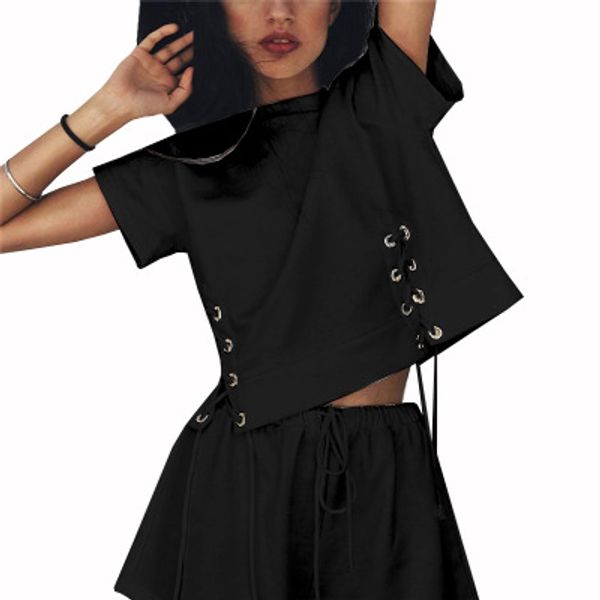 

women 2pcs summer short tracksuit sets jogging sportsuit sweatshirt strappy short-sleeved + shorts sports suit summer new style, Gray