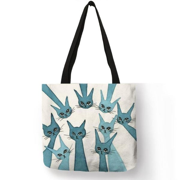 

ladies girls casual portable fashion handbag colorful cartoon cute cat kitten printing design shoulder bag eco linen daily totes