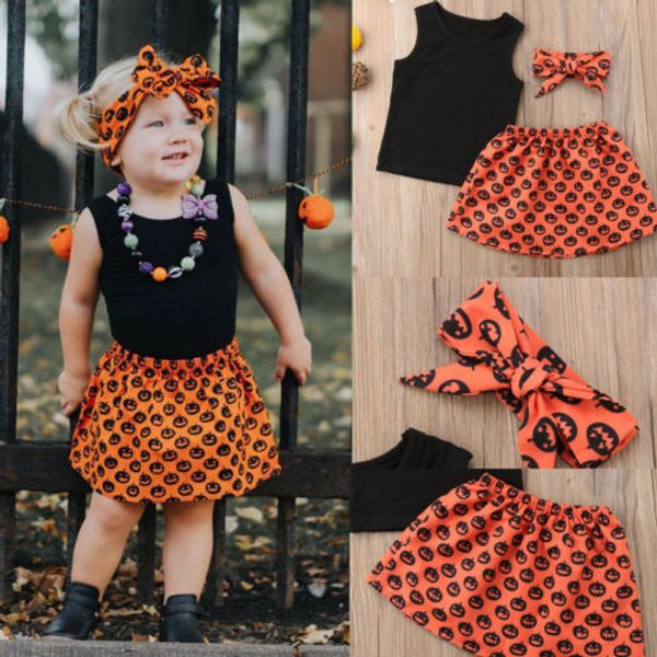 

2019 brand new cute toddler baby girl halloween summer sets solid vest pumpkin skirts headband 3pcs cotton clothes 6m-5y, White