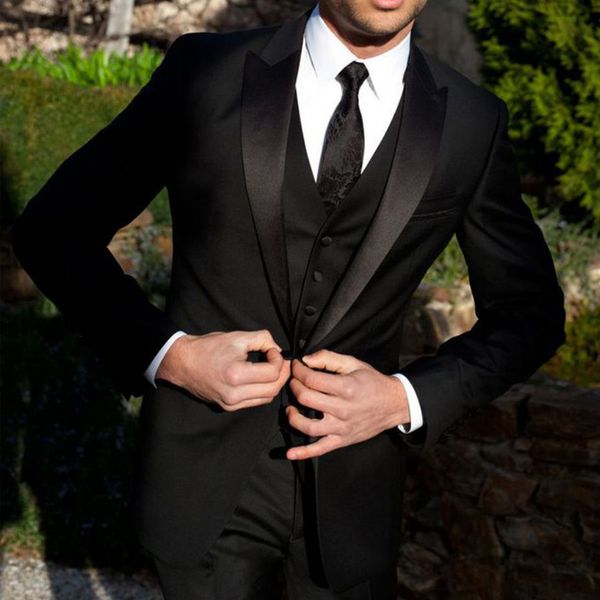 

three piece black wedding groomsmen tuxedos trim fit peaked lapel men business party men suits jacket pants vest, Black;gray