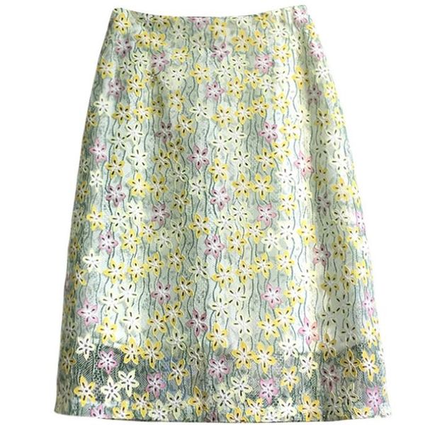 

2019 spring summer vintage women mesh skirt high waist embroidered lace a-line skirt, Black