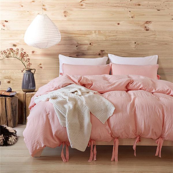 

2/3pcs bow-knot lacing bedding set solid color polyester home textiles duvet cover pillow case soft comfortable bedclothes