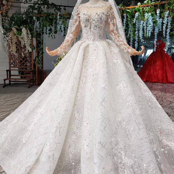 

arab plus size wedding dresses illusion o neck tulle long sleeve lace up back crystal luxury wedding dresses bridal gowns robes de mariÃ©e, White