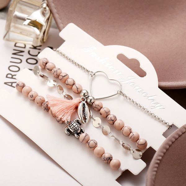 4Pcs Heart Shell Conch Turtle Tassels Charm Bracelet Set Beach Pink  Bracelets Bangles for Women Fashion Jewelry Gifts