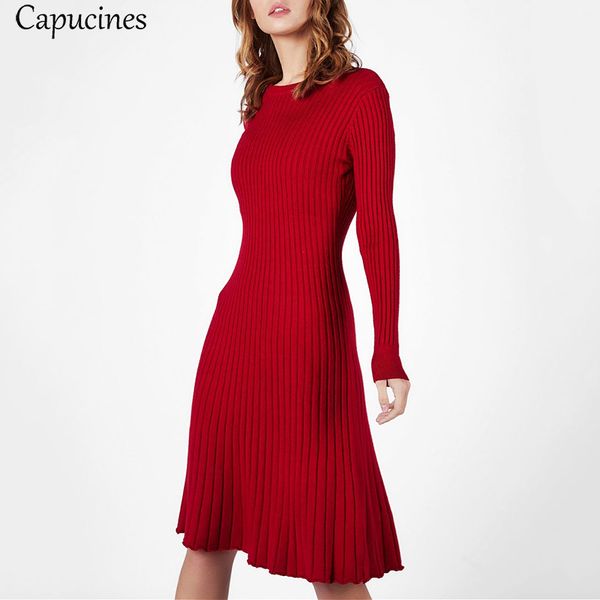 

capucines 2019 autumn winter pleated sweater dresses women long sleeve round neck slim a-line solid bottom knited dress female, Black;gray